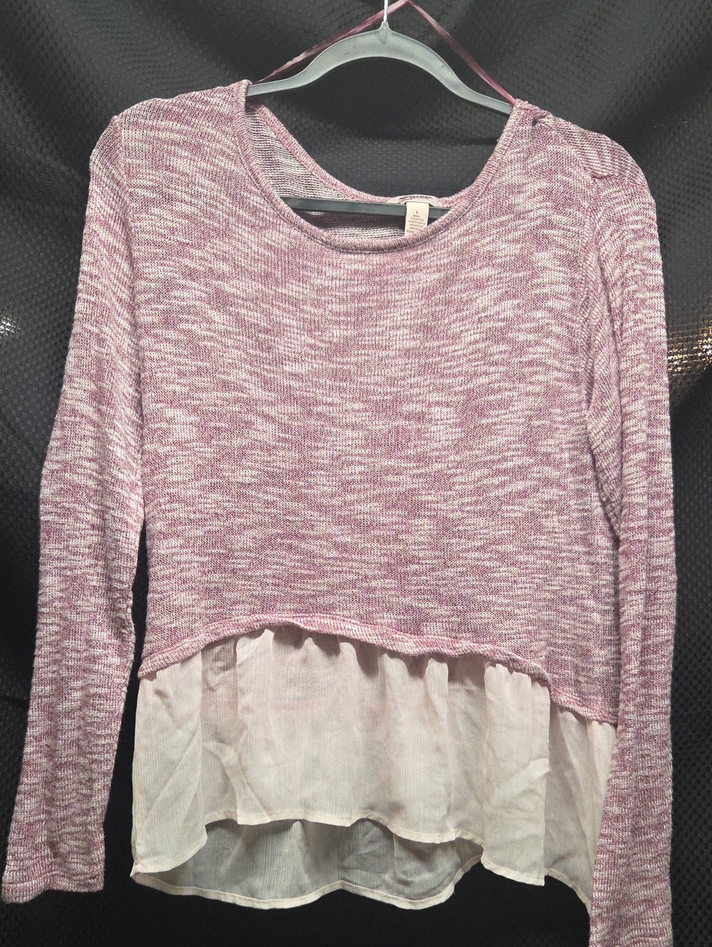 Arizona Jean Co Mauve Marled Long-Sleeve Top with Pale Pink Semi SheerRuffle Hem